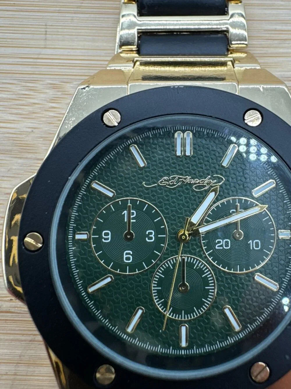 Ed Hardy Men's Gold Tone Bracelet Watch Green Dial Analog Quartz 46mm